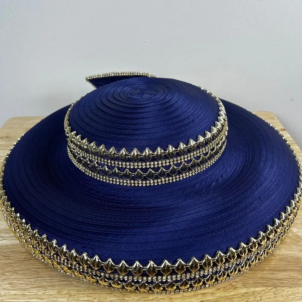 Lisa Rene Black Label Church Hat Navy Blue Wide Brim Rhinestone Butterfly Dressy